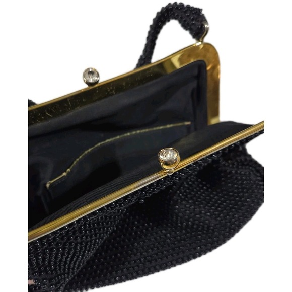 Vintage Beaded Handbag Tote Black Gold Snap Closure - Picture 3 of 8